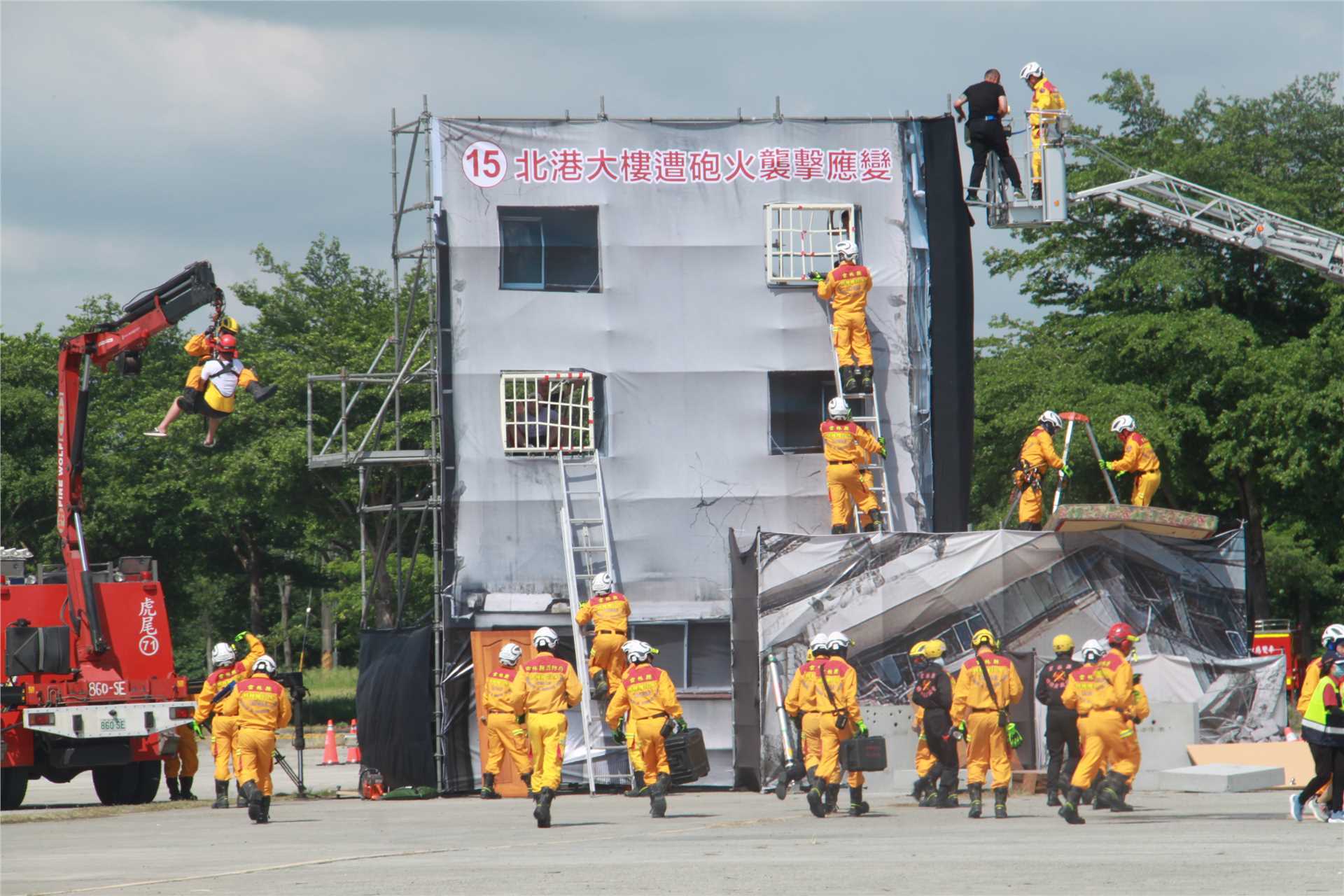 Rescue drill for buildings affected by artillery fire during wartime